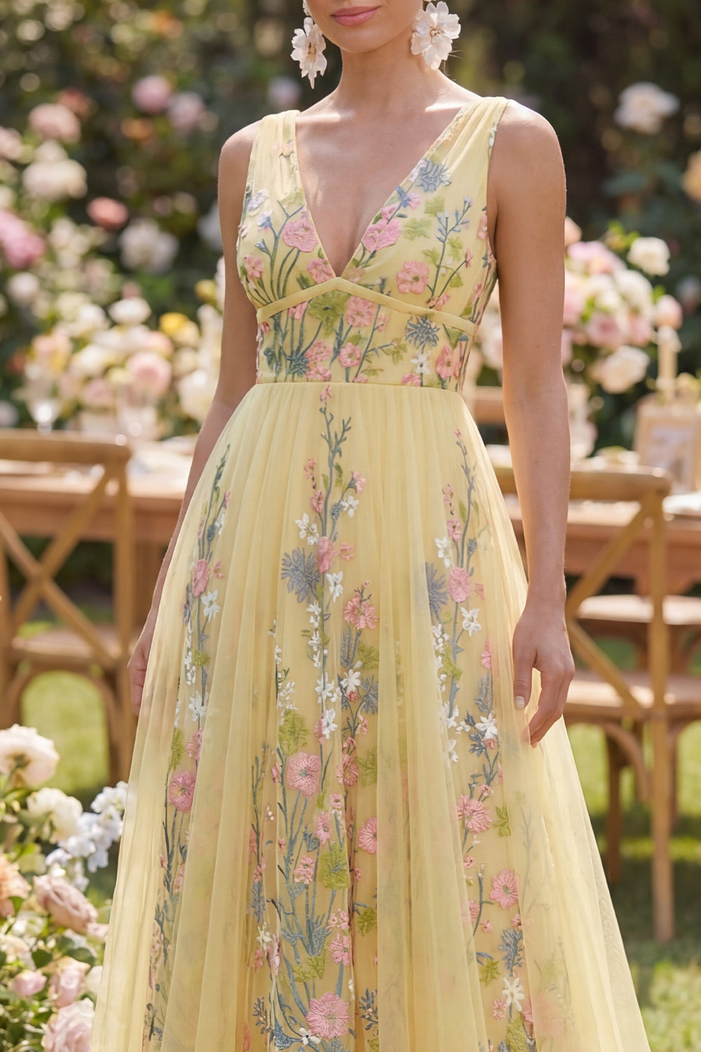A Line Long V-Neck Floral Butter Yellow Wedding Guest Dress