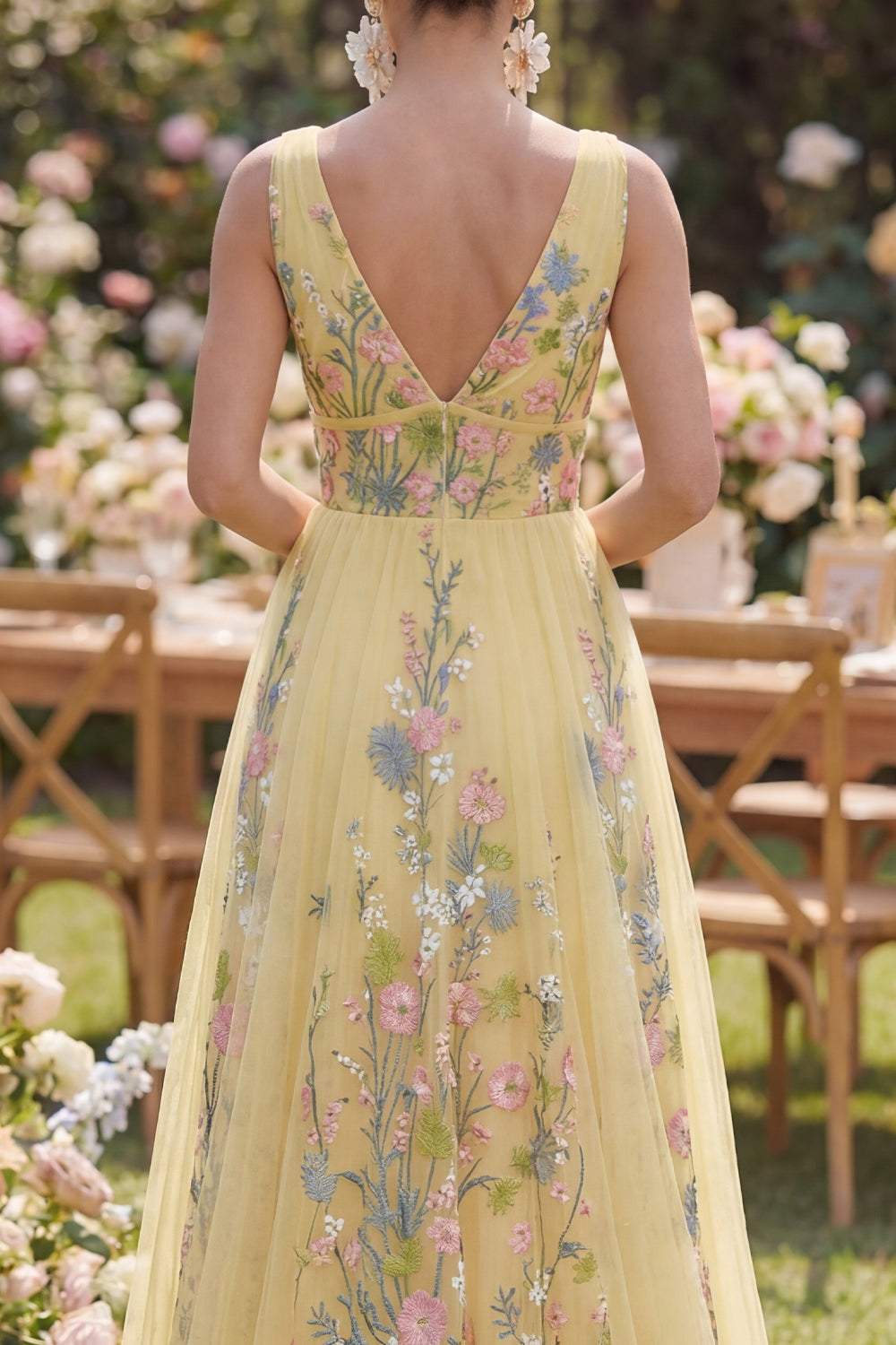 A Line Long V-Neck Floral Butter Yellow Wedding Guest Dress