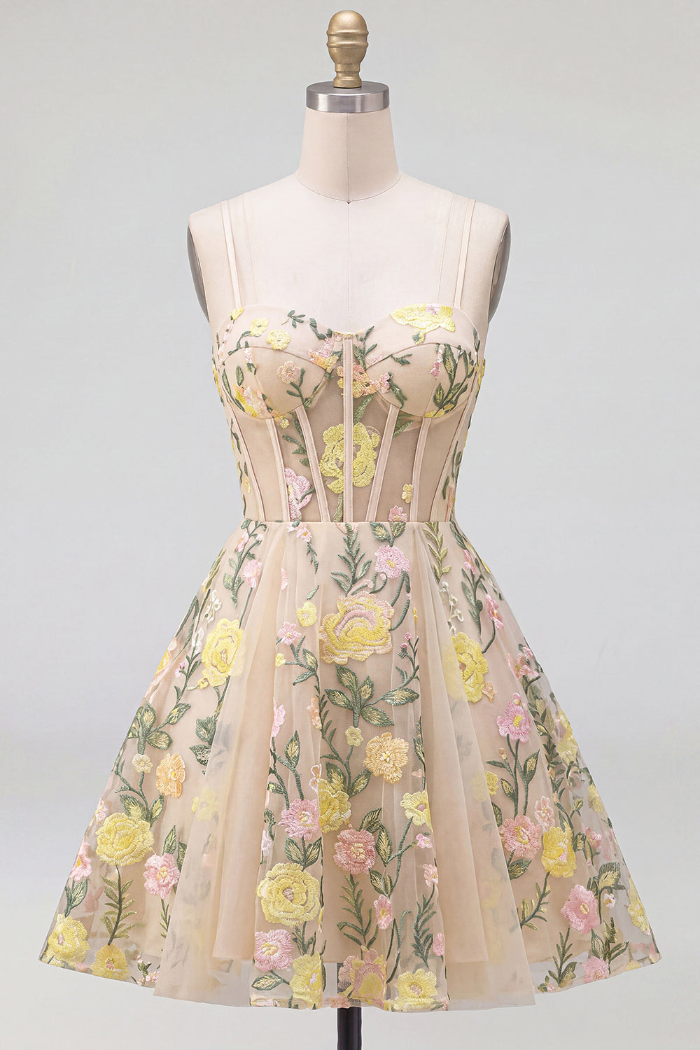 Short Spaghetti Straps Floral Champagne Corset A Line Wedding Guest Dress