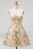 Short Spaghetti Straps Floral Champagne Corset A Line Wedding Guest Dress