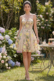 Short Spaghetti Straps Floral Champagne Corset A Line Wedding Guest Dress