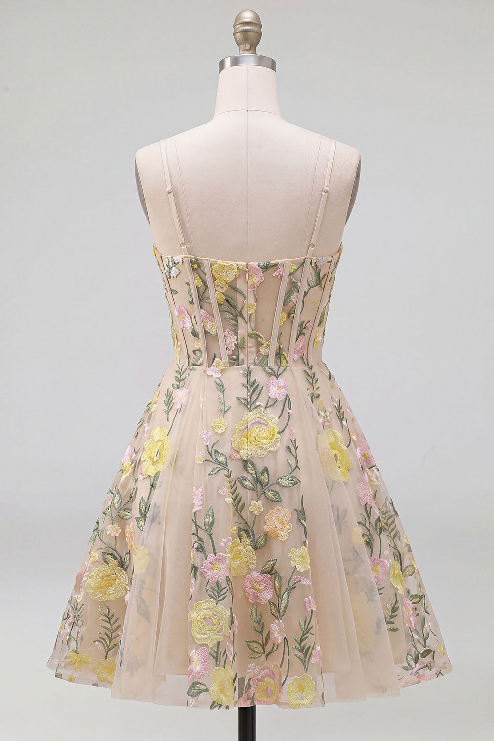 Short Spaghetti Straps Floral Champagne Corset A Line Wedding Guest Dress