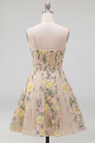 Short Spaghetti Straps Floral Champagne Corset A Line Wedding Guest Dress