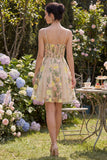Short Spaghetti Straps Floral Champagne Corset A Line Wedding Guest Dress