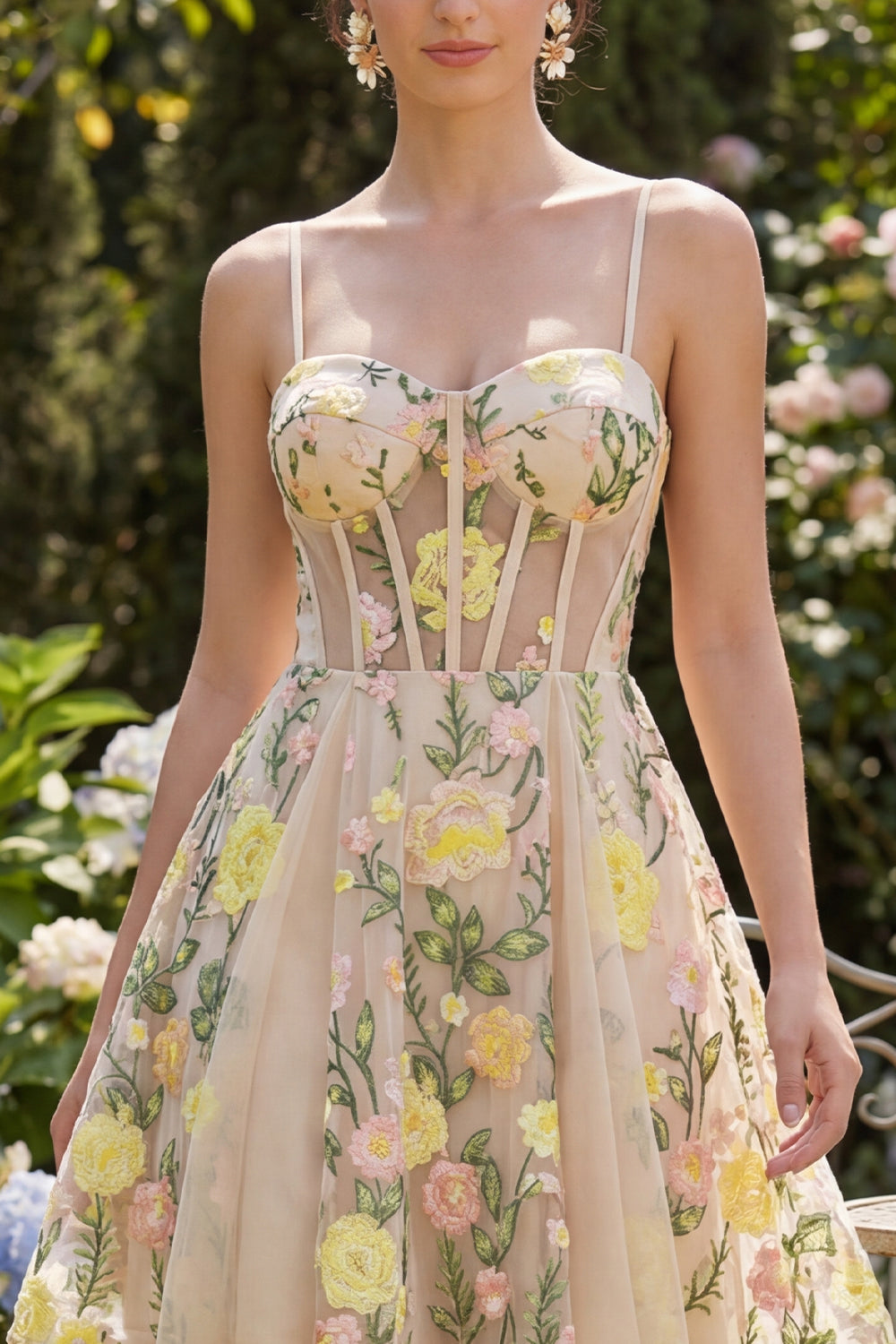 Short Spaghetti Straps Floral Champagne Corset A Line Wedding Guest Dress