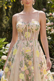 Short Spaghetti Straps Floral Champagne Corset A Line Wedding Guest Dress