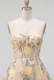 Short Spaghetti Straps Floral Champagne Corset A Line Wedding Guest Dress
