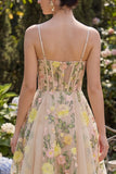 Short Spaghetti Straps Floral Champagne Corset A Line Wedding Guest Dress