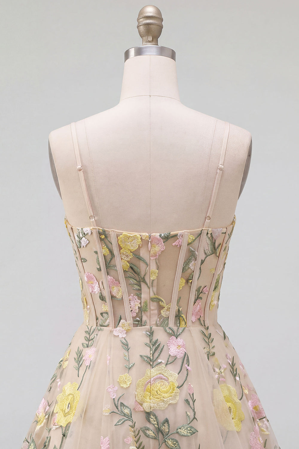 Short Spaghetti Straps Floral Champagne Corset A Line Wedding Guest Dress