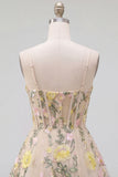 Short Spaghetti Straps Floral Champagne Corset A Line Wedding Guest Dress