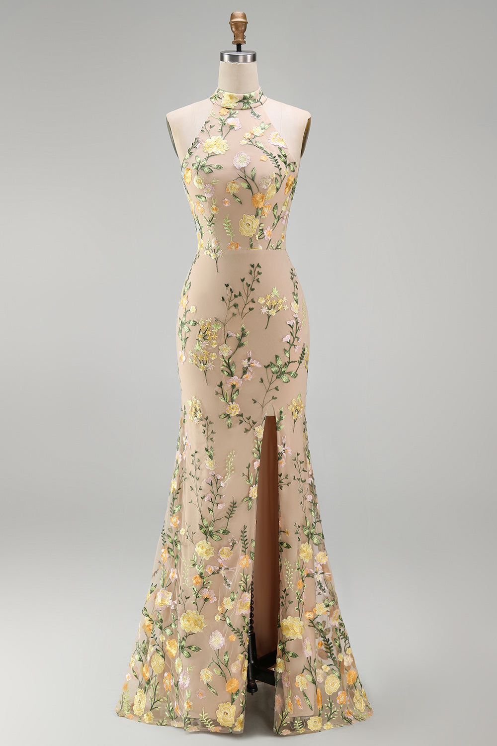 High Neck Floral Champagne Mermaid Open Back Long Wedding Guest Dress with Slit