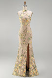 High Neck Floral Champagne Mermaid Open Back Long Wedding Guest Dress with Slit