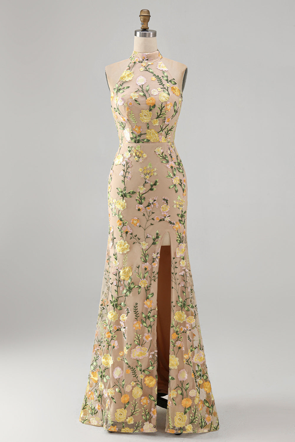 floral formal dress long Zapaka Women with Slit Mermaid Champagne Halter Neck Embroidered Wedding Guest Dress, Champagne / US22W Printed
