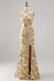 High Neck Floral Champagne Mermaid Open Back Long Wedding Guest Dress with Slit