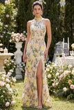 High Neck Floral Champagne Mermaid Open Back Long Wedding Guest Dress with Slit