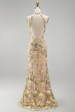 High Neck Floral Champagne Mermaid Open Back Long Wedding Guest Dress with Slit