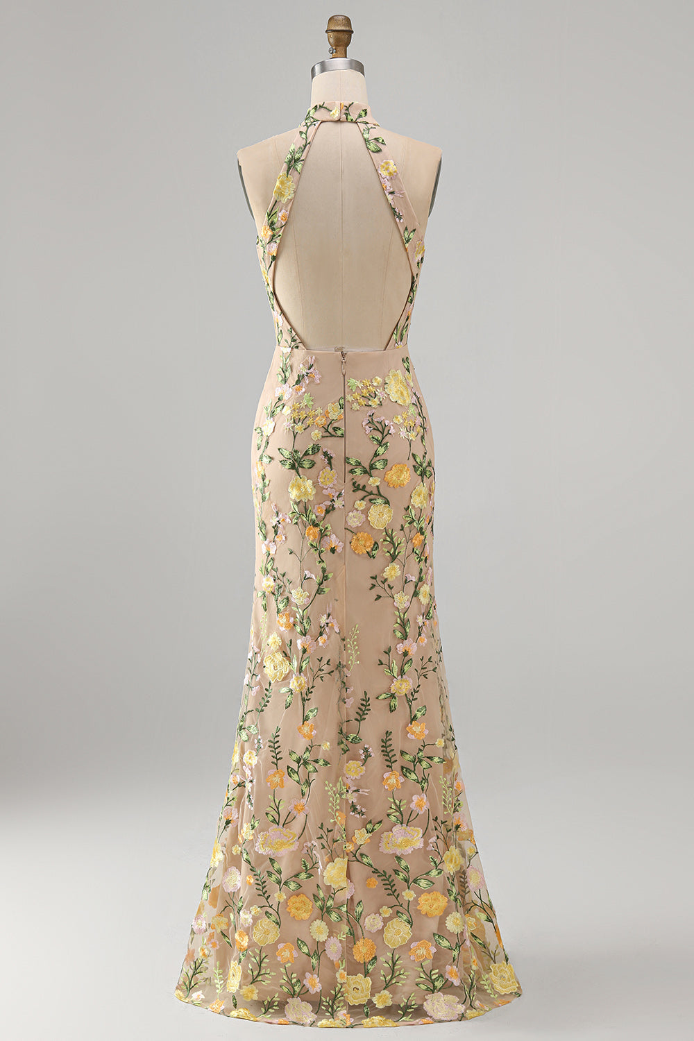 High Neck Floral Champagne Mermaid Open Back Long Wedding Guest Dress with Slit