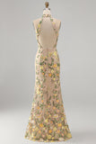 High Neck Floral Champagne Mermaid Open Back Long Wedding Guest Dress with Slit