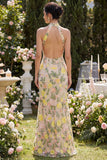 High Neck Floral Champagne Mermaid Open Back Long Wedding Guest Dress with Slit