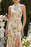High Neck Floral Champagne Mermaid Open Back Long Wedding Guest Dress with Slit