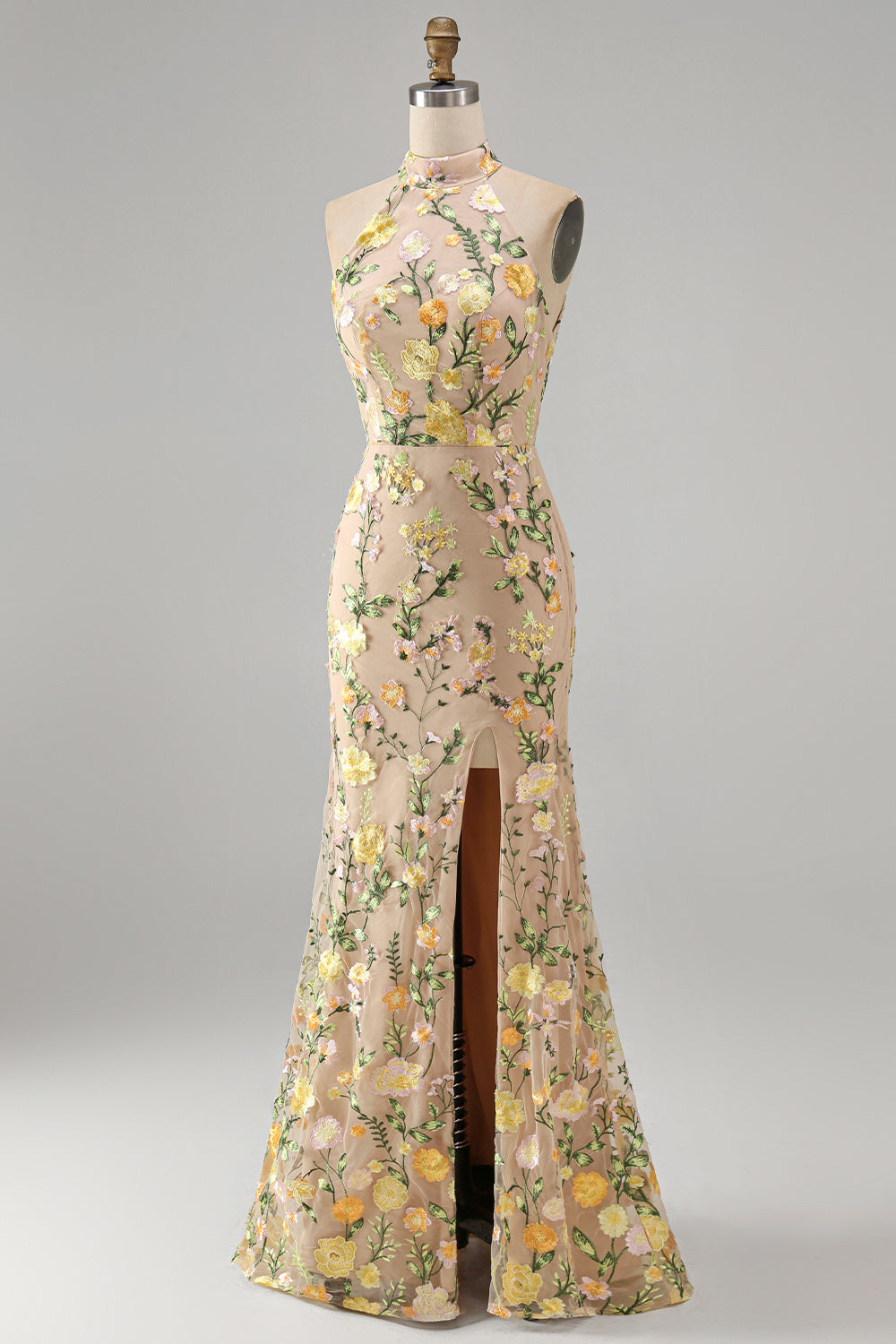 High Neck Floral Champagne Mermaid Open Back Long Wedding Guest Dress with Slit
