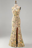 High Neck Floral Champagne Mermaid Open Back Long Wedding Guest Dress with Slit