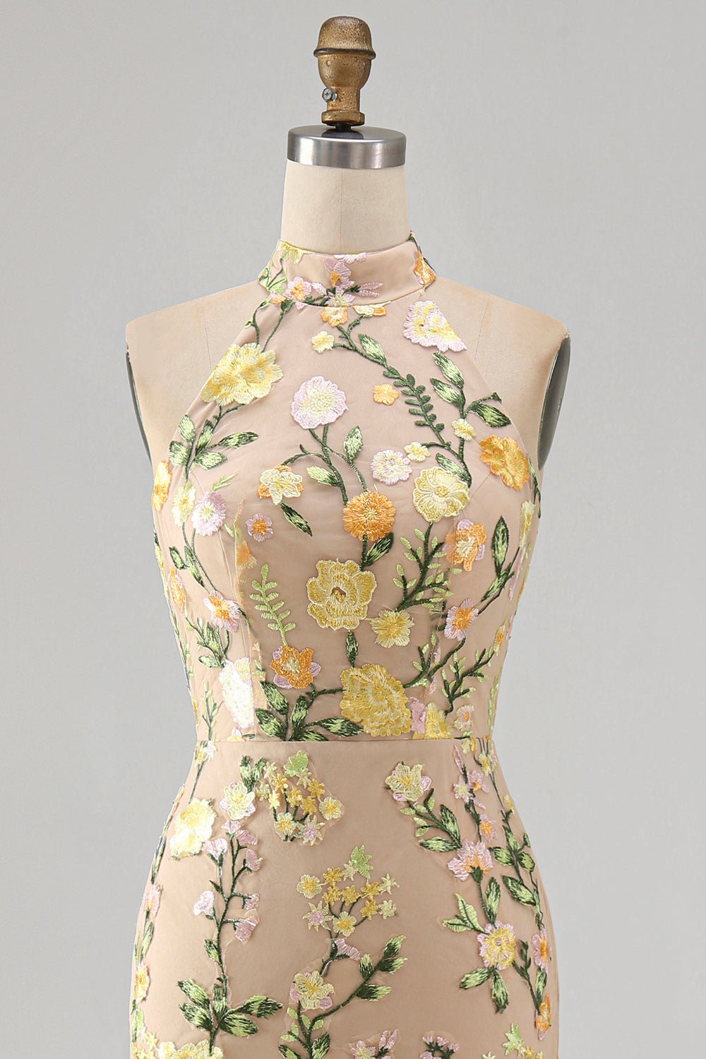 High Neck Floral Champagne Mermaid Open Back Long Wedding Guest Dress with Slit