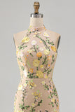 High Neck Floral Champagne Mermaid Open Back Long Wedding Guest Dress with Slit