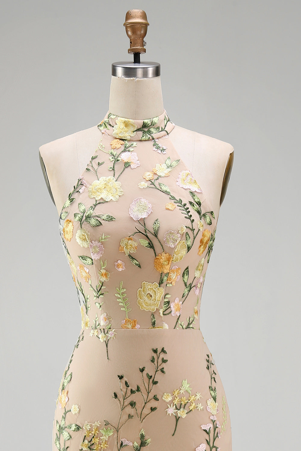 High Neck Floral Champagne Mermaid Open Back Long Wedding Guest Dress with Slit
