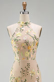 High Neck Floral Champagne Mermaid Open Back Long Wedding Guest Dress with Slit