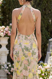 High Neck Floral Champagne Mermaid Open Back Long Wedding Guest Dress with Slit