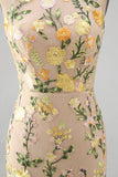 High Neck Floral Champagne Mermaid Open Back Long Wedding Guest Dress with Slit