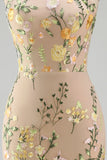 High Neck Floral Champagne Mermaid Open Back Long Wedding Guest Dress with Slit