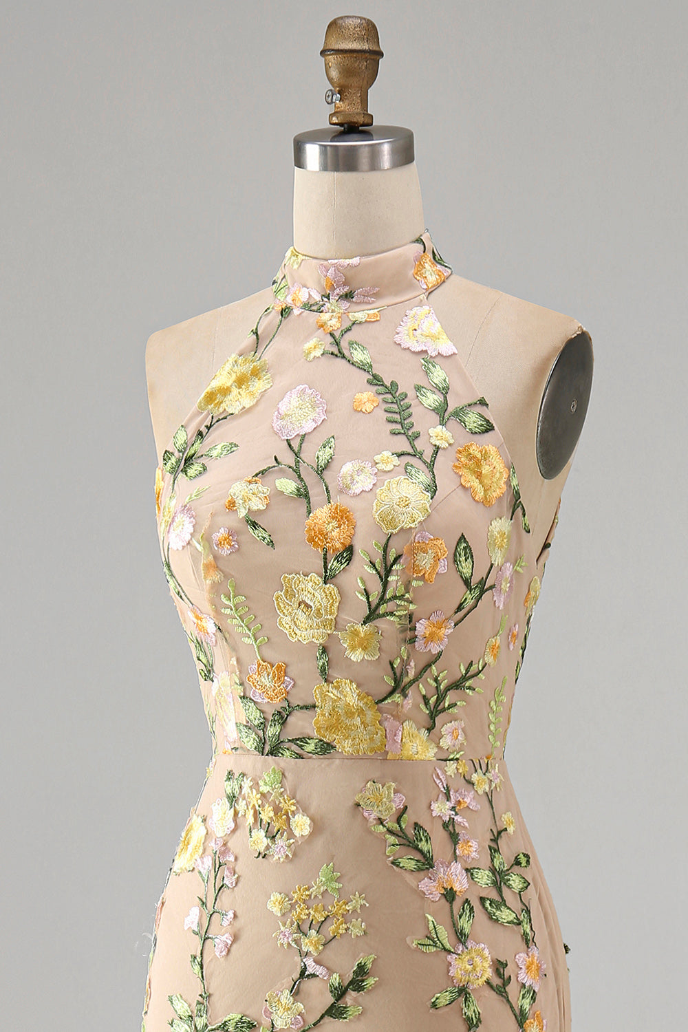 High Neck Floral Champagne Mermaid Open Back Long Wedding Guest Dress with Slit