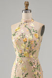 High Neck Floral Champagne Mermaid Open Back Long Wedding Guest Dress with Slit