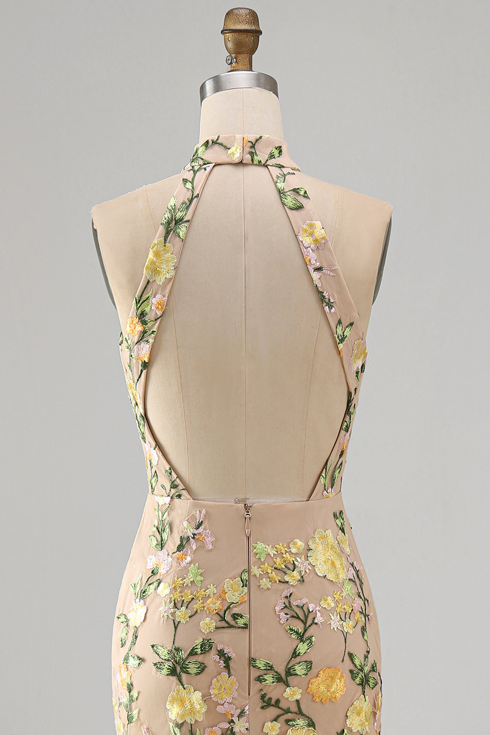 High Neck Floral Champagne Mermaid Open Back Long Wedding Guest Dress with Slit
