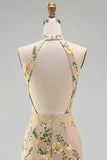 High Neck Floral Champagne Mermaid Open Back Long Wedding Guest Dress with Slit