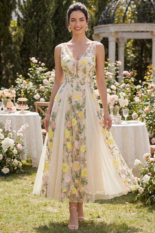 V-Neck Floral Champagne A Line Maxi Wedding Guest Dress