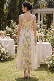 V-Neck Floral Champagne A Line Maxi Wedding Guest Dress
