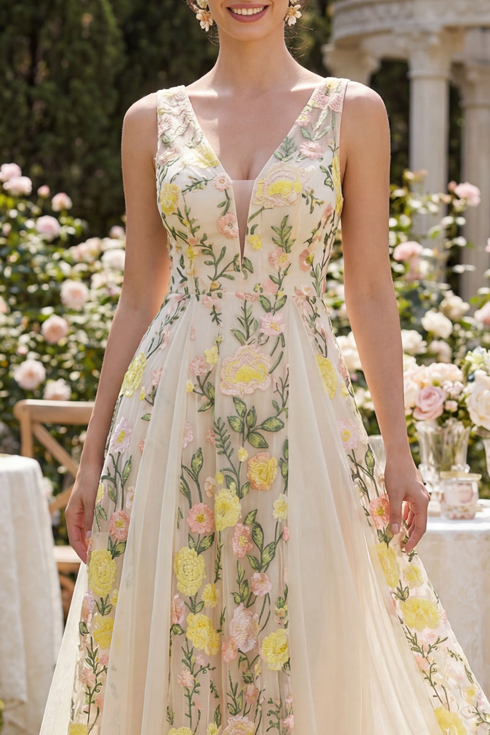 V-Neck Floral Champagne A Line Maxi Wedding Guest Dress