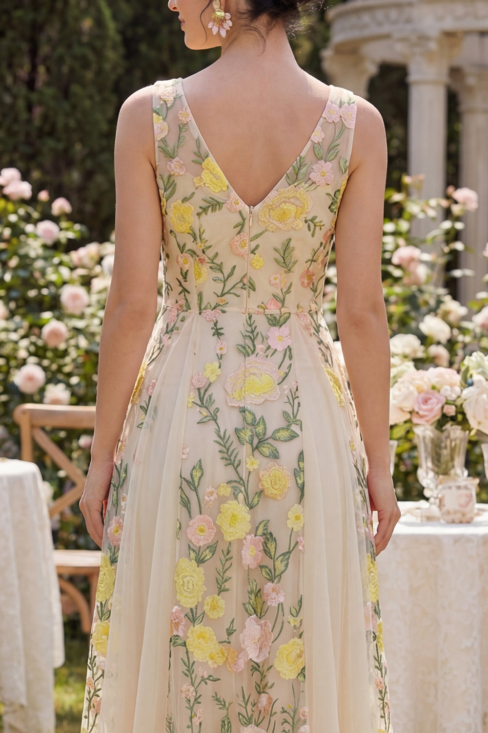 V-Neck Floral Champagne A Line Maxi Wedding Guest Dress