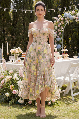 Corset Floral Champagne A Line Maxi Wedding Guest Dress with Ruffles