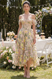 Corset Floral Champagne A Line Maxi Wedding Guest Dress with Ruffles