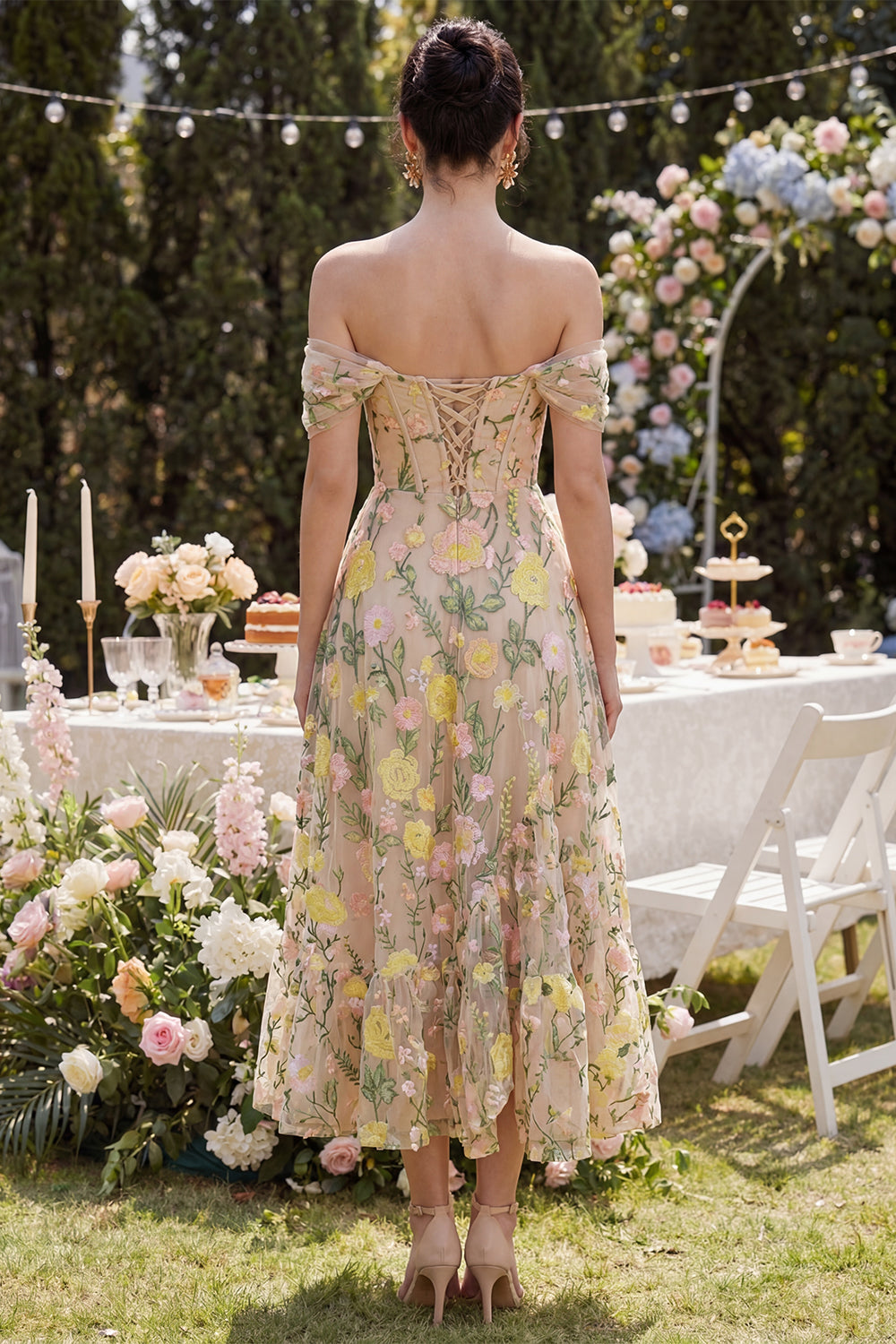 Zapakasa Women Floral Corset Champagne Maxi Wedding Guest Dress with Ruffles A Line Off the Shoulder Formal Dress Zapakasa Women Floral Corset Champagne Maxi Wedding Guest Dress with Ruffles A Line Off the Shoulder Formal Dress