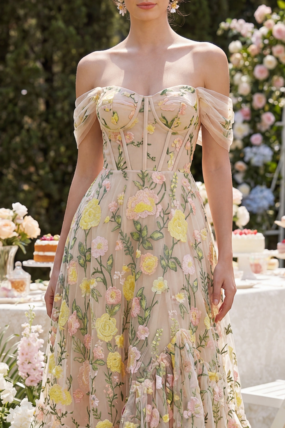 Corset Floral Champagne A Line Maxi Wedding Guest Dress with Ruffles