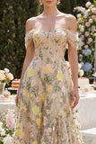 Corset Floral Champagne A Line Maxi Wedding Guest Dress with Ruffles
