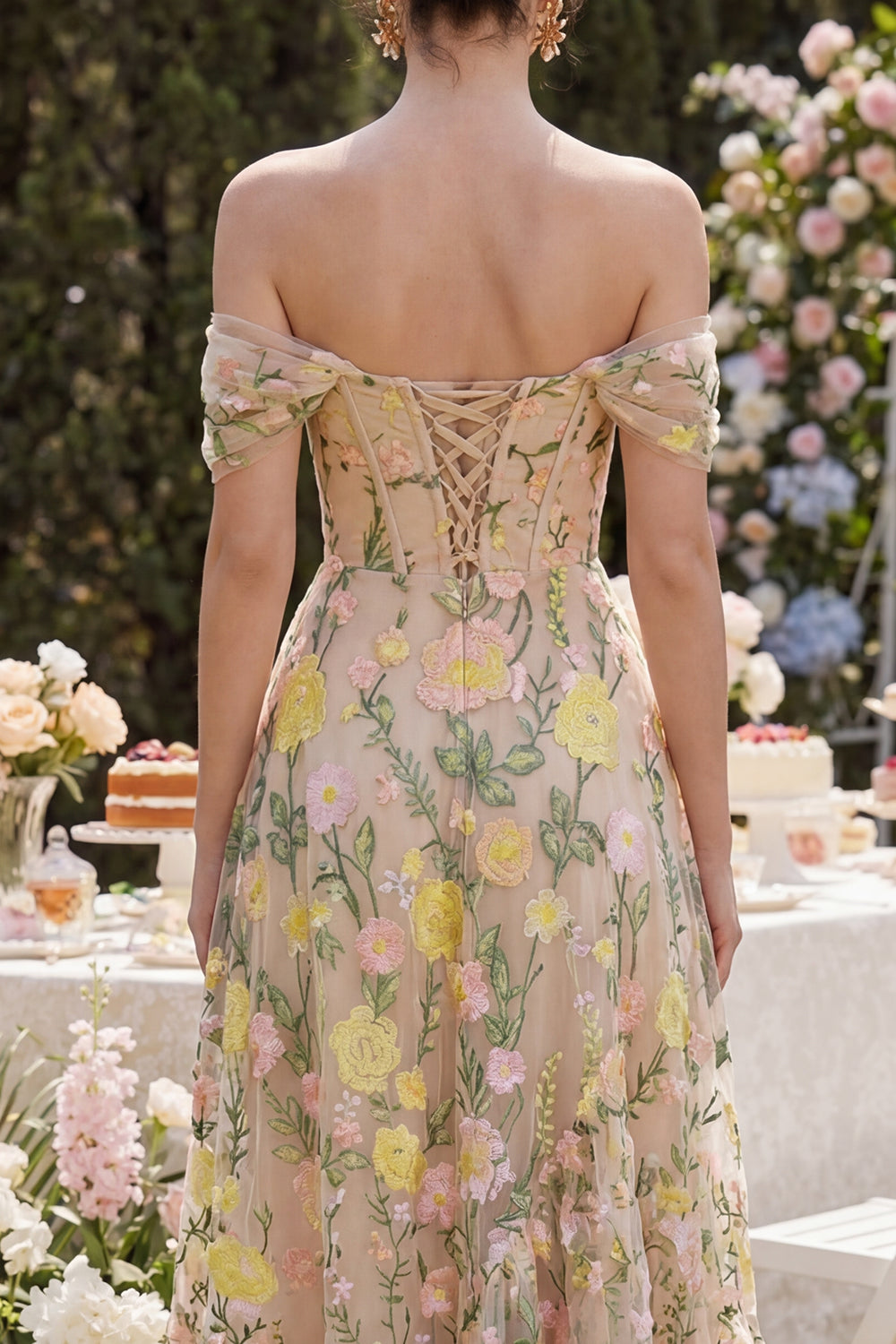 Corset Floral Champagne A Line Maxi Wedding Guest Dress with Ruffles