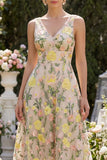A Line Maxi V-Neck Floral Champagne Wedding Guest Dress