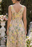 A Line Maxi V-Neck Floral Champagne Wedding Guest Dress