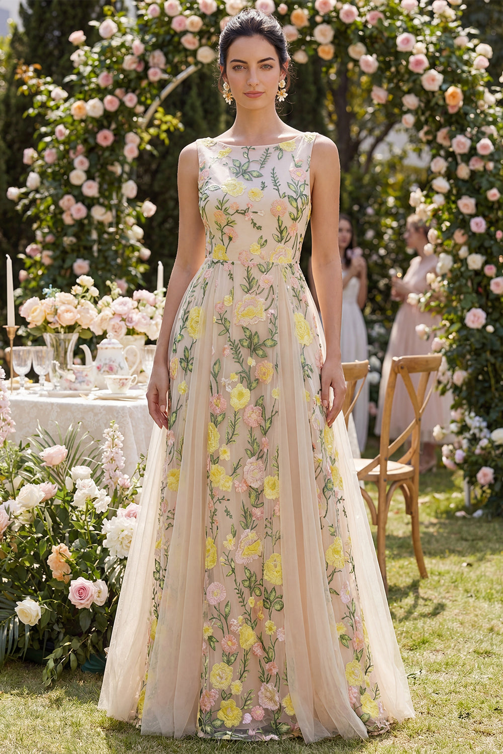 Boat Neck A Line Long Floral Champagne Wedding Guest Dress